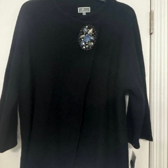 JM Collection Boiled Wool Sweater Jacket Black Broach Quiet Luxury L NWT - Picture 3 of 13